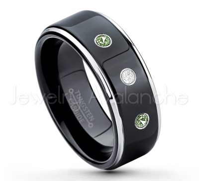 0.07ctw Green Tourmaline Tungsten Ring - October Birthstone Ring - 2-tone Tungsten Ring - Polished Finish Black Ion Plated Comfort Fit Tungsten Carbide Wedding Ring - Anniversary Ring TN118-GTM