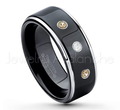 0.21ctw Smokey Quartz 3-Stone Tungsten Ring - November Birthstone Ring - 2-tone Tungsten Ring - Polished Finish Black Ion Plated Comfort Fit Tungsten Carbide Wedding Ring - Anniversary Ring TN118-SMQ