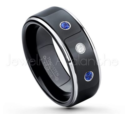 0.21ctw Blue Sapphire & Diamond 3-Stone Tungsten Ring - September Birthstone Ring - 2-tone Tungsten Ring - Polished Finish Black Ion Plated Comfort Fit Tungsten Carbide Wedding Ring - Anniversary Ring TN118-SP