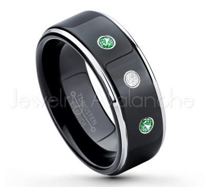0.07ctw Tsavorite Tungsten Ring - January Birthstone Ring - 2-tone Tungsten Ring - Polished Finish Black Ion Plated Comfort Fit Tungsten Carbide Wedding Ring - Anniversary Ring TN118-TVR