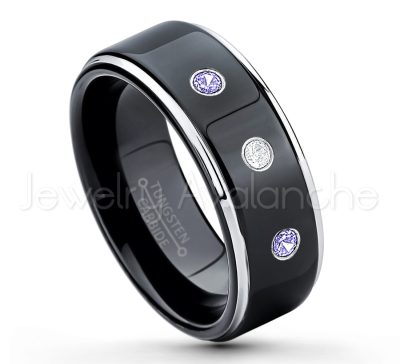 0.07ctw Tanzanite Tungsten Ring - December Birthstone Ring - 2-tone Tungsten Ring - Polished Finish Black Ion Plated Comfort Fit Tungsten Carbide Wedding Ring - Anniversary Ring TN118-TZN