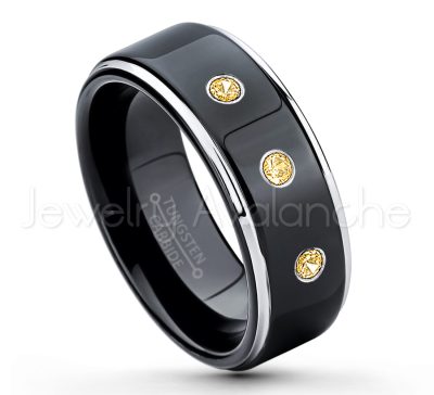 0.21ctw Citrine & Diamond 3-Stone Tungsten Ring - November Birthstone Ring - 2-tone Tungsten Ring - Polished Finish Black Ion Plated Comfort Fit Tungsten Carbide Wedding Ring - Anniversary Ring TN118-CN