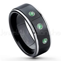 0.21ctw Emerald 3-Stone Tungsten Ring - May Birthstone Ring - 2-tone Tungsten Ring - Polished Finish Black Ion Plated Comfort Fit Tungsten Carbide Wedding Ring - Anniversary Ring TN118-ED