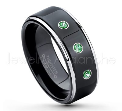 0.21ctw Emerald & Diamond 3-Stone Tungsten Ring - May Birthstone Ring - 2-tone Tungsten Ring - Polished Finish Black Ion Plated Comfort Fit Tungsten Carbide Wedding Ring - Anniversary Ring TN118-ED