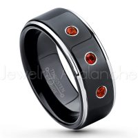 0.21ctw Garnet 3-Stone Tungsten Ring - January Birthstone Ring - 2-tone Tungsten Ring - Polished Finish Black Ion Plated Comfort Fit Tungsten Carbide Wedding Ring - Anniversary Ring TN118-GR