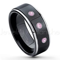 0.21ctw Pink Tourmaline 3-Stone Tungsten Ring - October Birthstone Ring - 2-tone Tungsten Ring - Polished Finish Black Ion Plated Comfort Fit Tungsten Carbide Wedding Ring - Anniversary Ring TN118-PTM