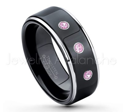 0.21ctw Pink Tourmaline & Diamond 3-Stone Tungsten Ring - October Birthstone Ring - 2-tone Tungsten Ring - Polished Finish Black Ion Plated Comfort Fit Tungsten Carbide Wedding Ring - Anniversary Ring TN118-PTM