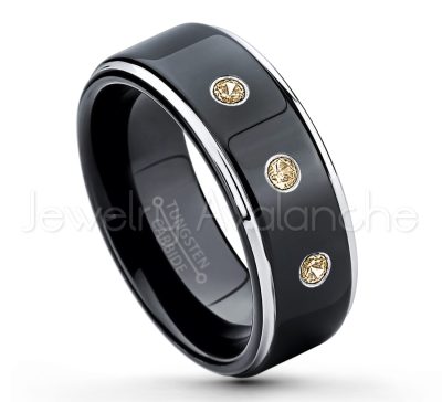0.07ctw Smokey Quartz Tungsten Ring - November Birthstone Ring - 2-tone Tungsten Ring - Polished Finish Black Ion Plated Comfort Fit Tungsten Carbide Wedding Ring - Anniversary Ring TN118-SMQ