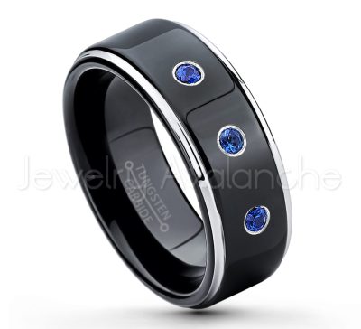 0.07ctw Blue Sapphire Tungsten Ring - September Birthstone Ring - 2-tone Tungsten Ring - Polished Finish Black Ion Plated Comfort Fit Tungsten Carbide Wedding Ring - Anniversary Ring TN118-SP