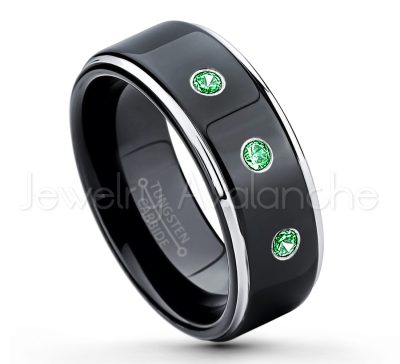 0.21ctw Tsavorite 3-Stone Tungsten Ring - January Birthstone Ring - 2-tone Tungsten Ring - Polished Finish Black Ion Plated Comfort Fit Tungsten Carbide Wedding Ring - Anniversary Ring TN118-TVR