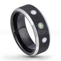 0.21ctw Alexandrite & Diamond 3-Stone Tungsten Ring - June Birthstone Ring - 8mm Tungsten Wedding Band - Polished Black Ion Plated and Gunmetal Beveled Edge Comfort Fit Tungsten Carbide Ring TN119-ALX