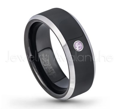 0.21ctw Amethyst & Diamond 3-Stone Tungsten Ring - February Birthstone Ring - 8mm Tungsten Wedding Band - Polished Black Ion Plated and Gunmetal Beveled Edge Comfort Fit Tungsten Carbide Ring TN119-AMT