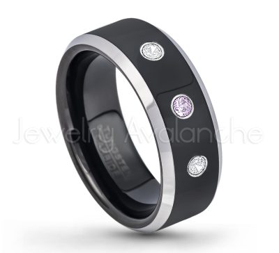 0.21ctw Amethyst & Diamond 3-Stone Tungsten Ring - February Birthstone Ring - 8mm Tungsten Wedding Band - Polished Black Ion Plated and Gunmetal Beveled Edge Comfort Fit Tungsten Carbide Ring TN119-AMT