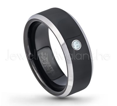 0.21ctw Aquamarine 3-Stone Tungsten Ring - March Birthstone Ring - 8mm Tungsten Wedding Band - Polished Black Ion Plated and Gunmetal Beveled Edge Comfort Fit Tungsten Carbide Ring TN119-AQM