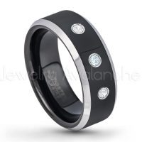 0.21ctw Aquamarine & Diamond 3-Stone Tungsten Ring - March Birthstone Ring - 8mm Tungsten Wedding Band - Polished Black Ion Plated and Gunmetal Beveled Edge Comfort Fit Tungsten Carbide Ring TN119-AQM