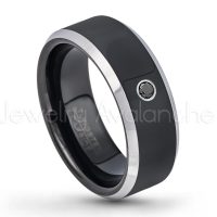 0.07ctw Black Diamond Tungsten Ring - April Birthstone Ring - 8mm Tungsten Wedding Band - Polished Black Ion Plated and Gunmetal Beveled Edge Comfort Fit Tungsten Carbide Ring TN119-BD