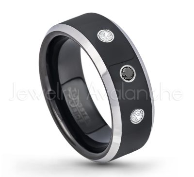 0.21ctw Black Diamond 3-Stone Tungsten Ring - April Birthstone Ring - 8mm Tungsten Wedding Band - Polished Black Ion Plated and Gunmetal Beveled Edge Comfort Fit Tungsten Carbide Ring TN119-BD