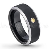 0.07ctw Citrine Tungsten Ring - November Birthstone Ring - 8mm Tungsten Wedding Band - Polished Black Ion Plated and Gunmetal Beveled Edge Comfort Fit Tungsten Carbide Ring TN119-CN