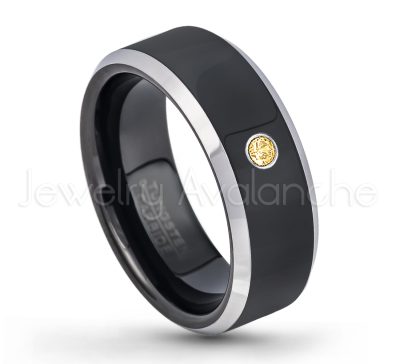 0.21ctw Citrine & Diamond 3-Stone Tungsten Ring - November Birthstone Ring - 8mm Tungsten Wedding Band - Polished Black Ion Plated and Gunmetal Beveled Edge Comfort Fit Tungsten Carbide Ring TN119-CN