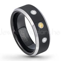 0.21ctw Citrine & Diamond 3-Stone Tungsten Ring - November Birthstone Ring - 8mm Tungsten Wedding Band - Polished Black Ion Plated and Gunmetal Beveled Edge Comfort Fit Tungsten Carbide Ring TN119-CN