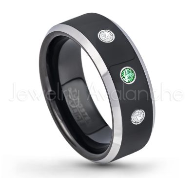 0.07ctw Emerald Tungsten Ring - May Birthstone Ring - 8mm Tungsten Wedding Band - Polished Black Ion Plated and Gunmetal Beveled Edge Comfort Fit Tungsten Carbide Ring TN119-ED