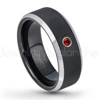0.07ctw Garnet Tungsten Ring - January Birthstone Ring - 8mm Tungsten Wedding Band - Polished Black Ion Plated and Gunmetal Beveled Edge Comfort Fit Tungsten Carbide Ring TN119-GR