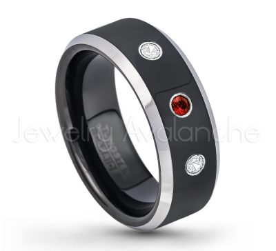 0.21ctw Garnet 3-Stone Tungsten Ring - January Birthstone Ring - 8mm Tungsten Wedding Band - Polished Black Ion Plated and Gunmetal Beveled Edge Comfort Fit Tungsten Carbide Ring TN119-GR