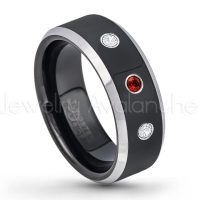 0.21ctw Garnet & Diamond 3-Stone Tungsten Ring - January Birthstone Ring - 8mm Tungsten Wedding Band - Polished Black Ion Plated and Gunmetal Beveled Edge Comfort Fit Tungsten Carbide Ring TN119-GR