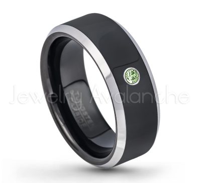 0.21ctw Green Tourmaline 3-Stone Tungsten Ring - October Birthstone Ring - 8mm Tungsten Wedding Band - Polished Black Ion Plated and Gunmetal Beveled Edge Comfort Fit Tungsten Carbide Ring TN119-GTM