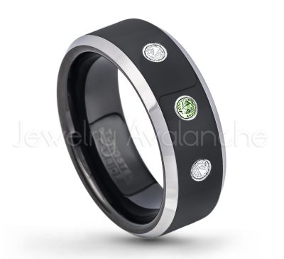 0.21ctw Green Tourmaline 3-Stone Tungsten Ring - October Birthstone Ring - 8mm Tungsten Wedding Band - Polished Black Ion Plated and Gunmetal Beveled Edge Comfort Fit Tungsten Carbide Ring TN119-GTM