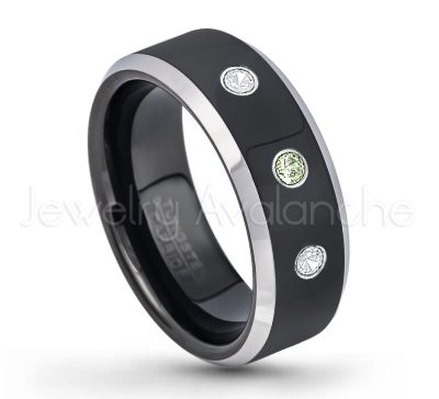 0.21ctw Peridot & Diamond 3-Stone Tungsten Ring - August Birthstone Ring - 8mm Tungsten Wedding Band - Polished Black Ion Plated and Gunmetal Beveled Edge Comfort Fit Tungsten Carbide Ring TN119-PD