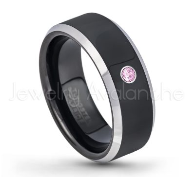 0.07ctw Pink Tourmaline Tungsten Ring - October Birthstone Ring - 8mm Tungsten Wedding Band - Polished Black Ion Plated and Gunmetal Beveled Edge Comfort Fit Tungsten Carbide Ring TN119-PTM