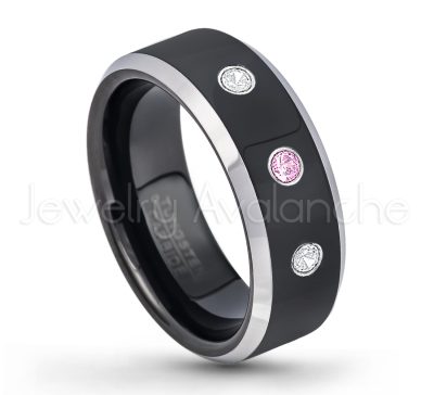 0.07ctw Pink Tourmaline Tungsten Ring - October Birthstone Ring - 8mm Tungsten Wedding Band - Polished Black Ion Plated and Gunmetal Beveled Edge Comfort Fit Tungsten Carbide Ring TN119-PTM