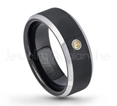 0.07ctw Smokey Quartz Tungsten Ring - November Birthstone Ring - 8mm Tungsten Wedding Band - Polished Black Ion Plated and Gunmetal Beveled Edge Comfort Fit Tungsten Carbide Ring TN119-SMQ