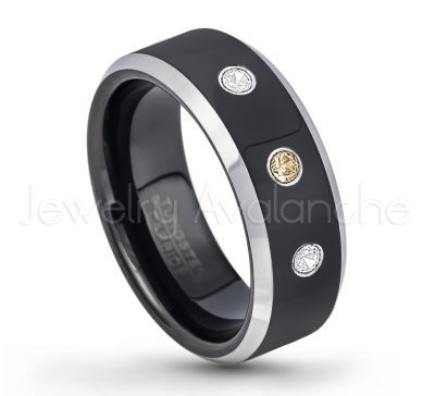 0.21ctw Smokey Quartz 3-Stone Tungsten Ring - November Birthstone Ring - 8mm Tungsten Wedding Band - Polished Black Ion Plated and Gunmetal Beveled Edge Comfort Fit Tungsten Carbide Ring TN119-SMQ