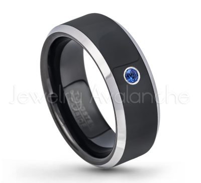 0.21ctw Blue Sapphire 3-Stone Tungsten Ring - September Birthstone Ring - 8mm Tungsten Wedding Band - Polished Black Ion Plated and Gunmetal Beveled Edge Comfort Fit Tungsten Carbide Ring TN119-SP