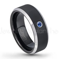 0.07ctw Blue Sapphire Tungsten Ring - September Birthstone Ring - 8mm Tungsten Wedding Band - Polished Black Ion Plated and Gunmetal Beveled Edge Comfort Fit Tungsten Carbide Ring TN119-SP
