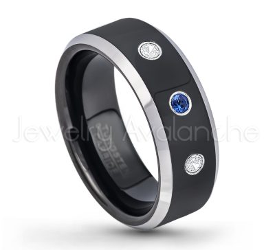 0.21ctw Blue Sapphire 3-Stone Tungsten Ring - September Birthstone Ring - 8mm Tungsten Wedding Band - Polished Black Ion Plated and Gunmetal Beveled Edge Comfort Fit Tungsten Carbide Ring TN119-SP