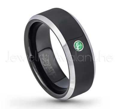 0.21ctw Tsavorite & Diamond 3-Stone Tungsten Ring - January Birthstone Ring - 8mm Tungsten Wedding Band - Polished Black Ion Plated and Gunmetal Beveled Edge Comfort Fit Tungsten Carbide Ring TN119-TVR