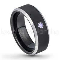 0.07ctw Tanzanite Tungsten Ring - December Birthstone Ring - 8mm Tungsten Wedding Band - Polished Black Ion Plated and Gunmetal Beveled Edge Comfort Fit Tungsten Carbide Ring TN119-TZN