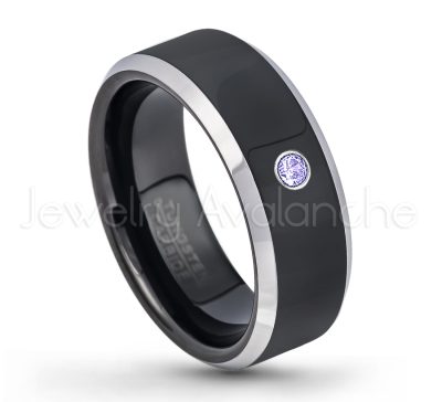 0.21ctw Tanzanite 3-Stone Tungsten Ring - December Birthstone Ring - 8mm Tungsten Wedding Band - Polished Black Ion Plated and Gunmetal Beveled Edge Comfort Fit Tungsten Carbide Ring TN119-TZN