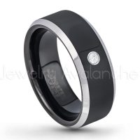 0.07ctw Diamond Tungsten Ring - April Birthstone Ring - 8mm Tungsten Wedding Band - Polished Black Ion Plated and Gunmetal Beveled Edge Comfort Fit Tungsten Carbide Ring TN119-WD