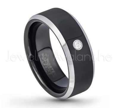 0.21ctw White & Black Diamond 3-Stone Tungsten Ring - April Birthstone Ring - 8mm Tungsten Wedding Band - Polished Black Ion Plated and Gunmetal Beveled Edge Comfort Fit Tungsten Carbide Ring TN119-WD
