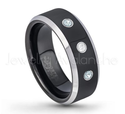 0.21ctw Aquamarine & Diamond 3-Stone Tungsten Ring - March Birthstone Ring - 8mm Tungsten Wedding Band - Polished Black Ion Plated and Gunmetal Beveled Edge Comfort Fit Tungsten Carbide Ring TN119-AQM