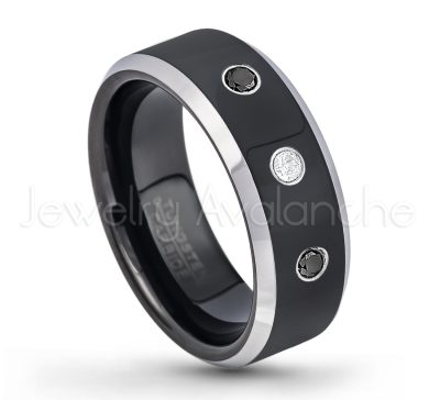 0.21ctw Diamond 3-Stone Tungsten Ring - April Birthstone Ring - 8mm Tungsten Wedding Band - Polished Black Ion Plated and Gunmetal Beveled Edge Comfort Fit Tungsten Carbide Ring TN119-WD