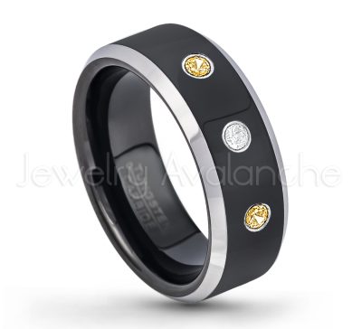 0.21ctw Citrine 3-Stone Tungsten Ring - November Birthstone Ring - 8mm Tungsten Wedding Band - Polished Black Ion Plated and Gunmetal Beveled Edge Comfort Fit Tungsten Carbide Ring TN119-CN
