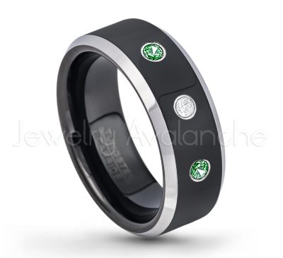 0.21ctw Emerald 3-Stone Tungsten Ring - May Birthstone Ring - 8mm Tungsten Wedding Band - Polished Black Ion Plated and Gunmetal Beveled Edge Comfort Fit Tungsten Carbide Ring TN119-ED