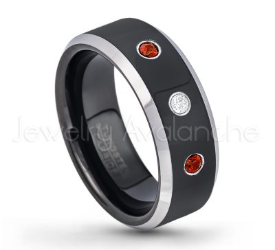 0.07ctw Garnet Tungsten Ring - January Birthstone Ring - 8mm Tungsten Wedding Band - Polished Black Ion Plated and Gunmetal Beveled Edge Comfort Fit Tungsten Carbide Ring TN119-GR