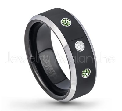 0.21ctw Green Tourmaline 3-Stone Tungsten Ring - October Birthstone Ring - 8mm Tungsten Wedding Band - Polished Black Ion Plated and Gunmetal Beveled Edge Comfort Fit Tungsten Carbide Ring TN119-GTM