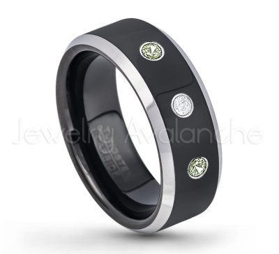0.21ctw Peridot 3-Stone Tungsten Ring - August Birthstone Ring - 8mm Tungsten Wedding Band - Polished Black Ion Plated and Gunmetal Beveled Edge Comfort Fit Tungsten Carbide Ring TN119-PD